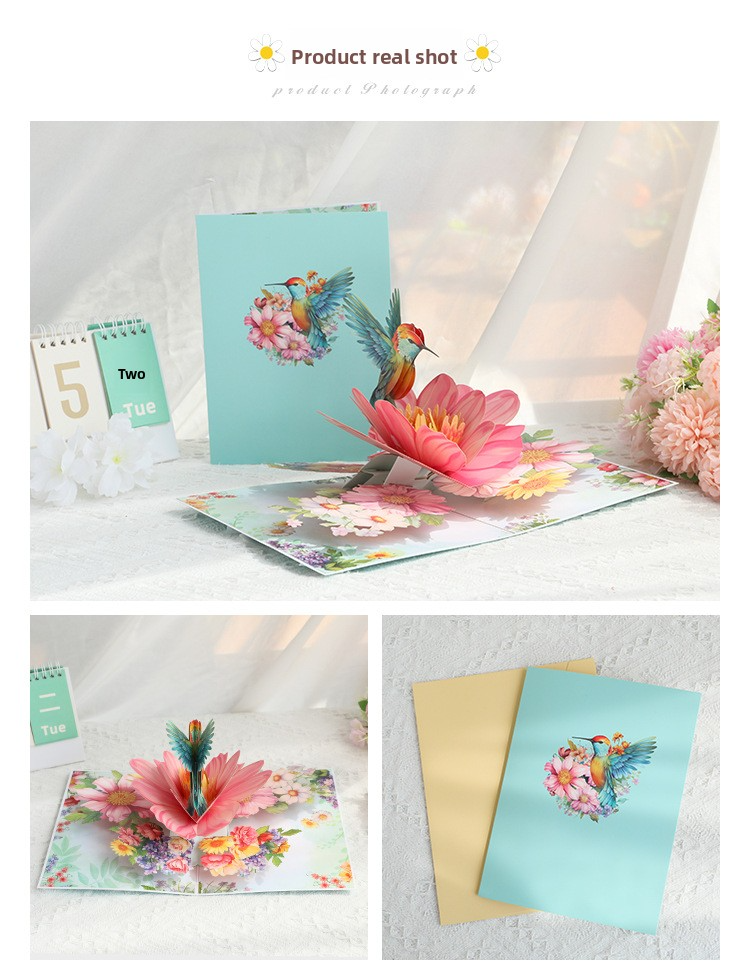 3D Pop-Up Hummingbird & Flower Card – Handcrafted Paper Sculpture with Vibrant Blooms, A Graceful Keepsake for Valentine‘s Day, Mother’s Day & Every Heartfelt Occasion, with Envelope