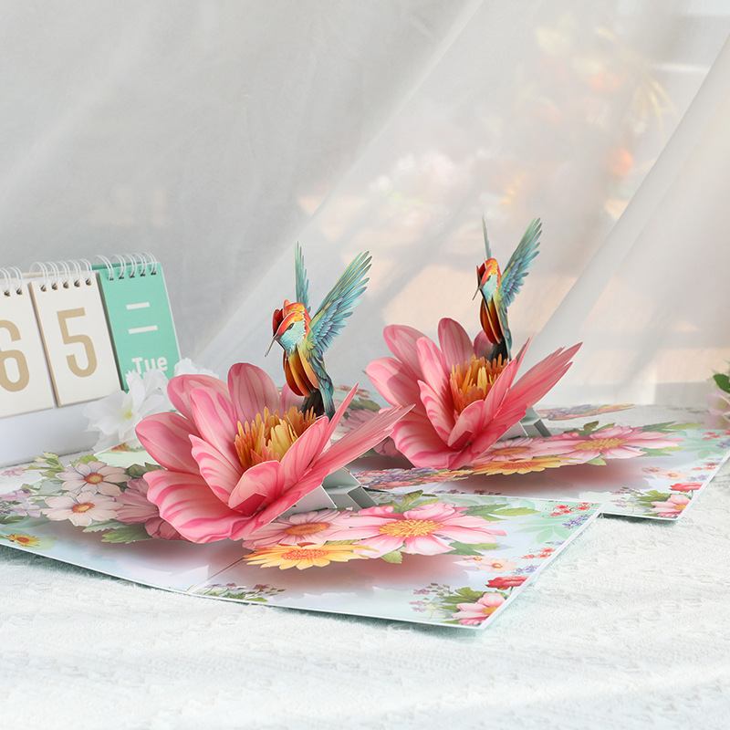 3D Pop-Up Hummingbird & Flower Card – Handcrafted Paper Sculpture with Vibrant Blooms, A Graceful Keepsake for Valentine‘s Day, Mother’s Day & Every Heartfelt Occasion, with Envelope