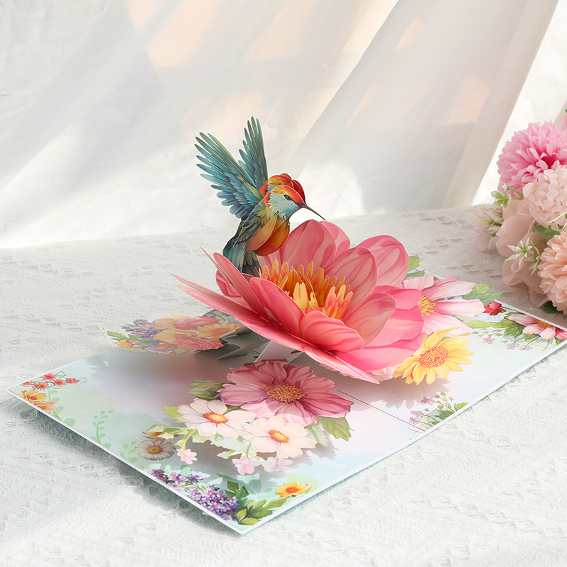 3D Pop-Up Hummingbird & Flower Card – Handcrafted Paper Sculpture with Vibrant Blooms, A Graceful Keepsake for Valentine‘s Day, Mother’s Day & Every Heartfelt Occasion, with Envelope