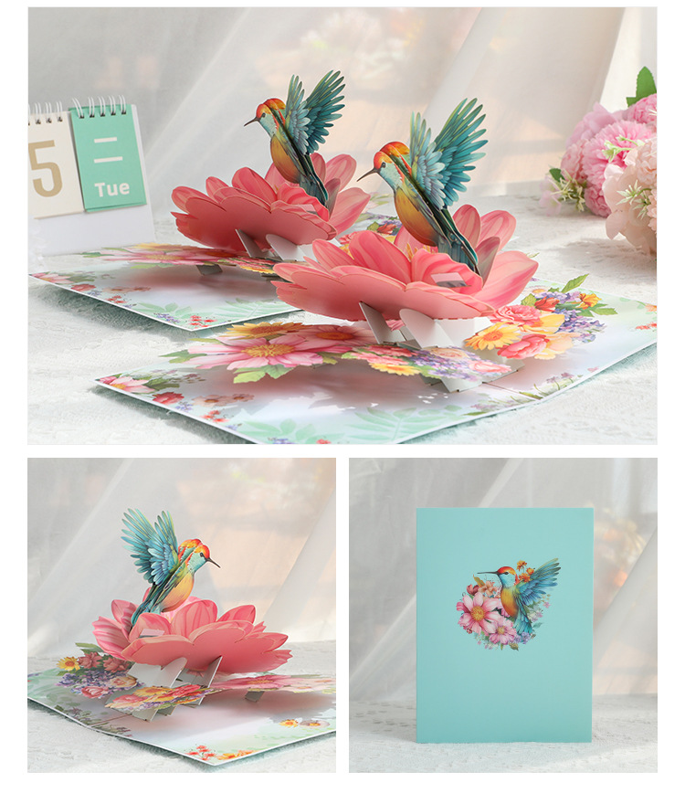 3D Pop-Up Hummingbird & Flower Card – Handcrafted Paper Sculpture with Vibrant Blooms, A Graceful Keepsake for Valentine‘s Day, Mother’s Day & Every Heartfelt Occasion, with Envelope
