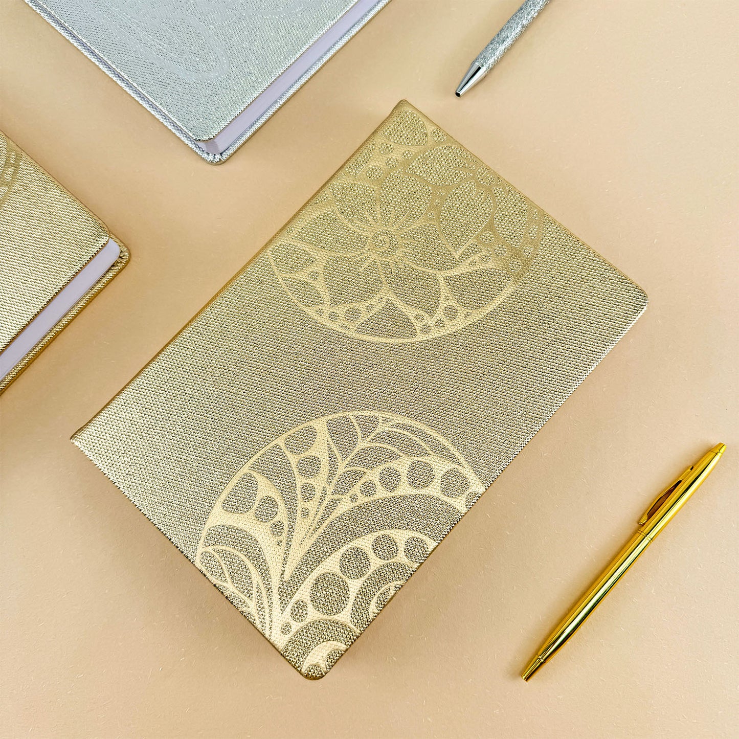 Premium Metallic Gold & Silver PU Leather Notebook – Customizable Embossed Journal with Foil Stamping, A Luxurious Keepsake for Writing, Gifting & Branding
