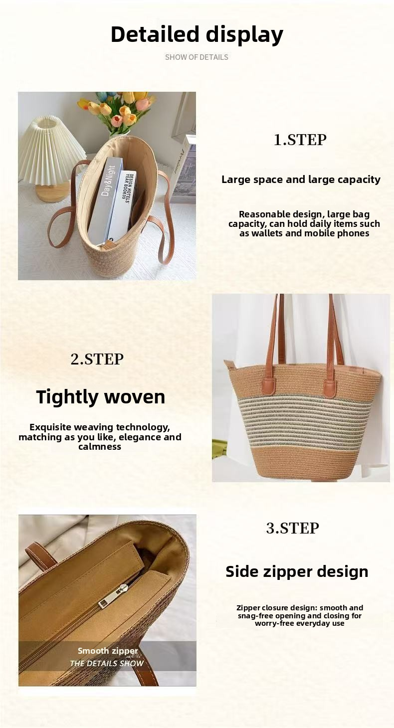 Striped Straw Tote Bag – Large Capacity Woven Market Basket with Zipper, Versatile Beach & Everyday Shoulder Bag