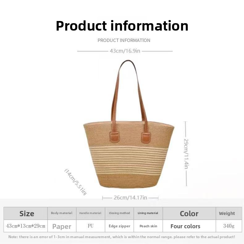 Striped Straw Tote Bag – Large Capacity Woven Market Basket with Zipper, Versatile Beach & Everyday Shoulder Bag