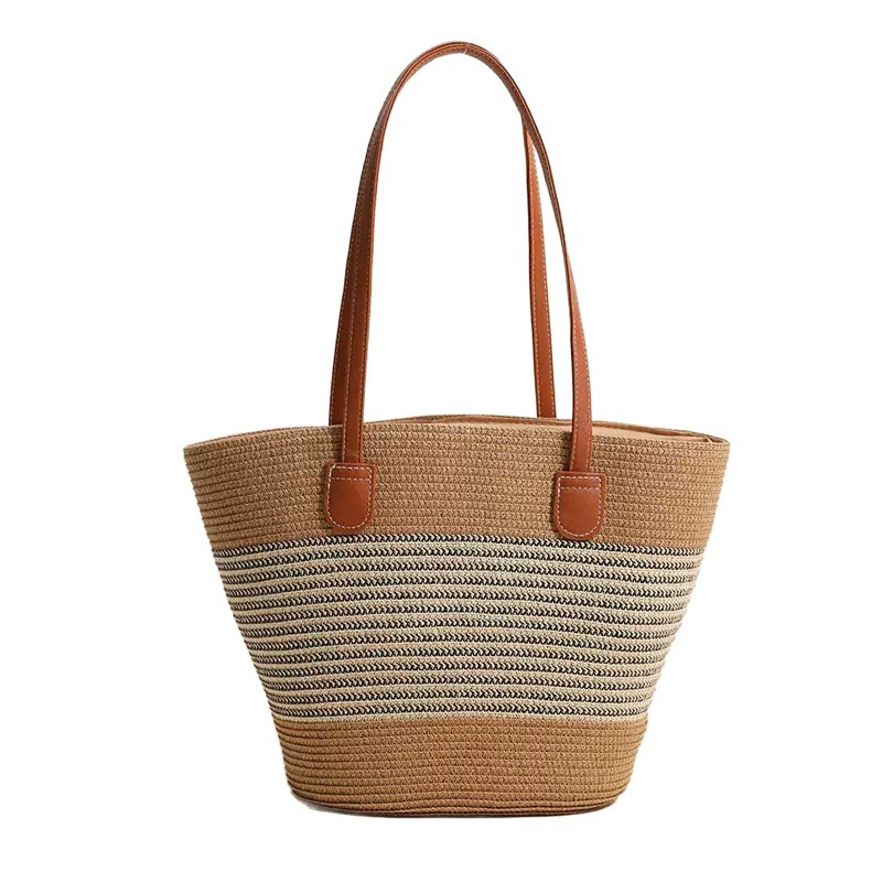 Striped Straw Tote Bag – Large Capacity Woven Market Basket with Zipper, Versatile Beach & Everyday Shoulder Bag