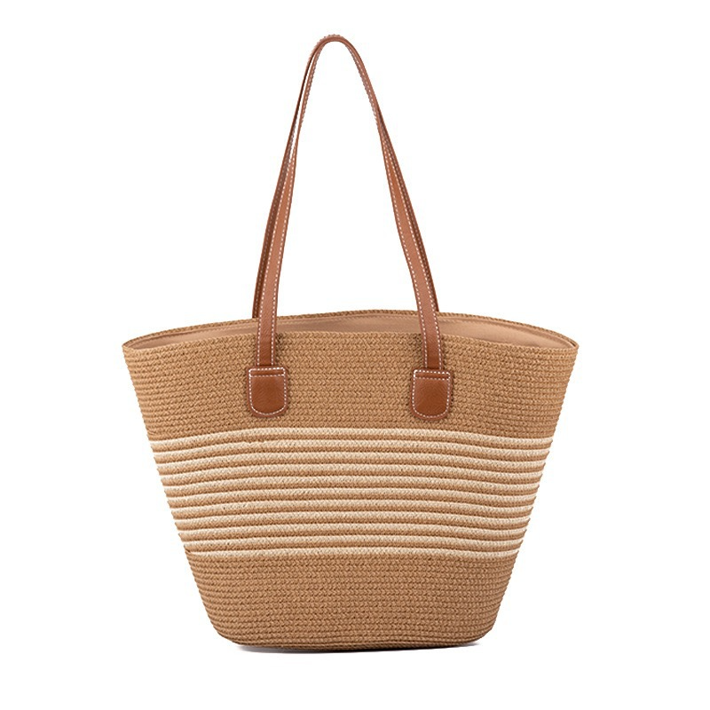 Striped Straw Tote Bag – Large Capacity Woven Market Basket with Zipper, Versatile Beach & Everyday Shoulder Bag
