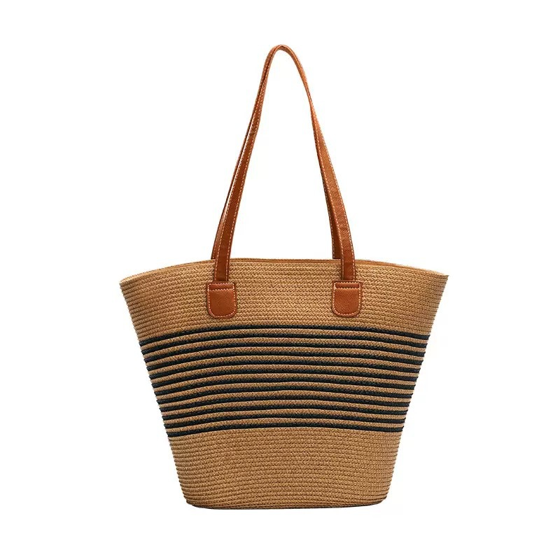 Striped Straw Tote Bag – Large Capacity Woven Market Basket with Zipper, Versatile Beach & Everyday Shoulder Bag