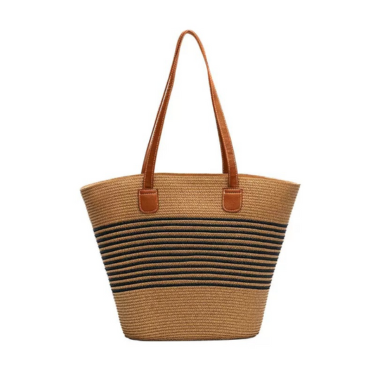 Striped Straw Tote Bag – Large Capacity Woven Market Basket with Zipper, Versatile Beach & Everyday Shoulder Bag