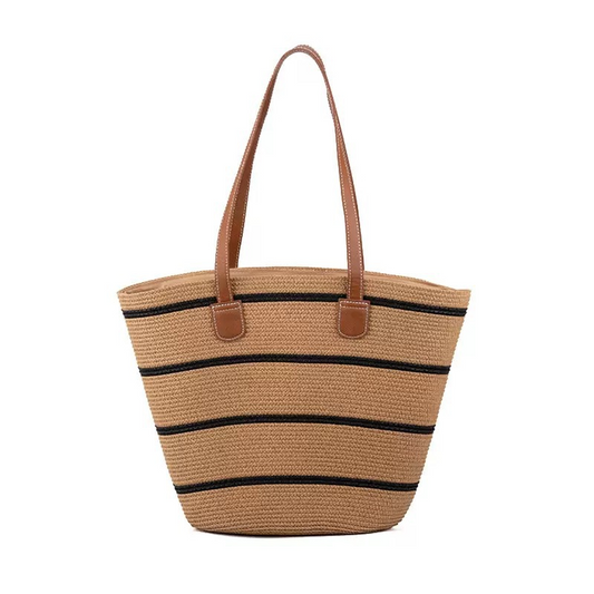 Striped Straw Tote Bag – Large Capacity Woven Market Basket with Zipper, Versatile Beach & Everyday Shoulder Bag