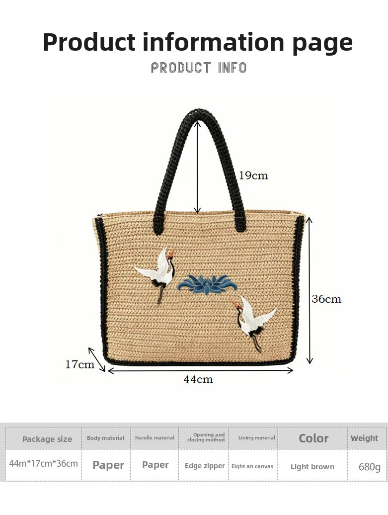 Handwoven Straw Tote Bag – Large Capacity Shoulder Bag with Zipper, A Versatile Summer Essential for Beach, Travel & Everyday Style
