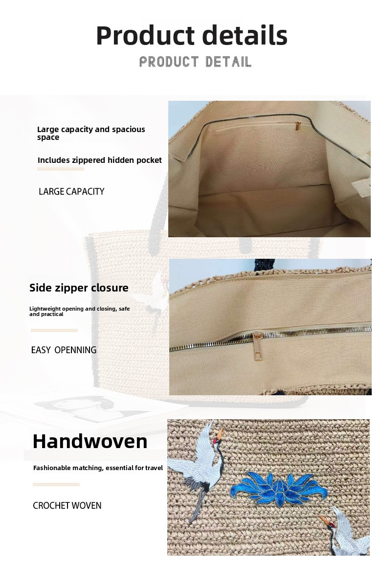 Handwoven Straw Tote Bag – Large Capacity Shoulder Bag with Zipper, A Versatile Summer Essential for Beach, Travel & Everyday Style