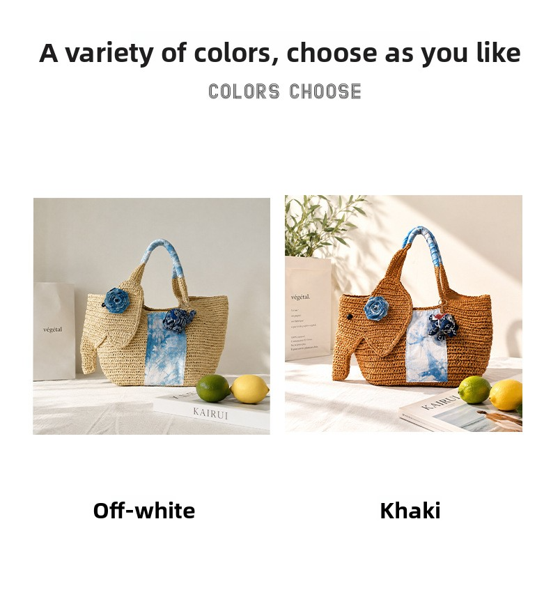 New Arrival Elephant Straw Tote Bag – Handwoven Large Capacity Shoulder Bag with Leather Handles, Wholesale Custom Orders Welcome (MOQ 50 pcs)