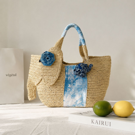New Arrival Elephant Straw Tote Bag – Handwoven Large Capacity Shoulder Bag with Leather Handles, Wholesale Custom Orders Welcome (MOQ 50 pcs)