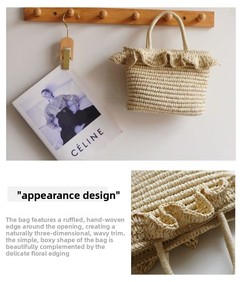 French Ruffle Straw Tote Bag – Handwoven Summer Shoulder Bag with Floral Lining & Leather Handles, A Chic & Spacious Beach Essential for Vacation & Everyday Style