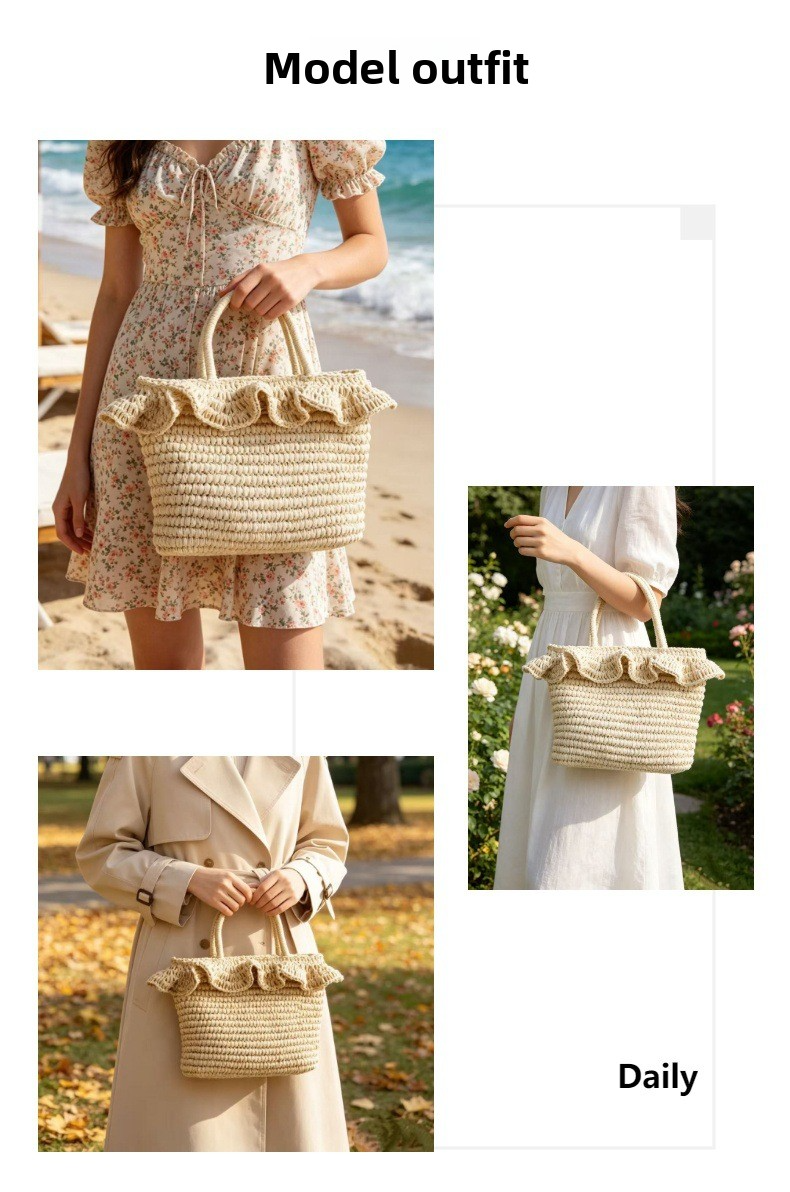 French Ruffle Straw Tote Bag – Handwoven Summer Shoulder Bag with Floral Lining & Leather Handles, A Chic & Spacious Beach Essential for Vacation & Everyday Style