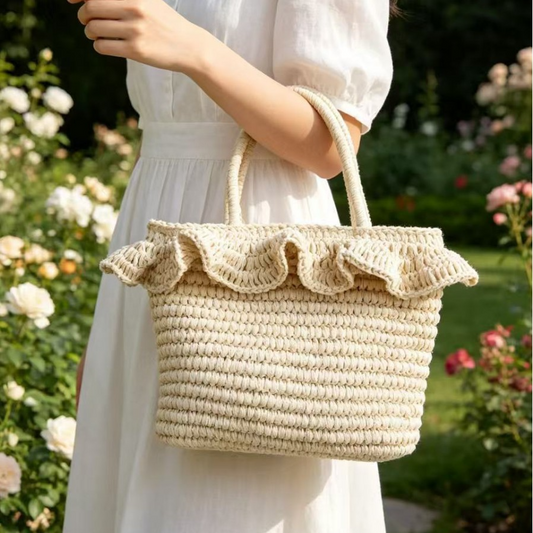French Ruffle Straw Tote Bag – Handwoven Summer Shoulder Bag with Floral Lining & Leather Handles, A Chic & Spacious Beach Essential for Vacation & Everyday Style
