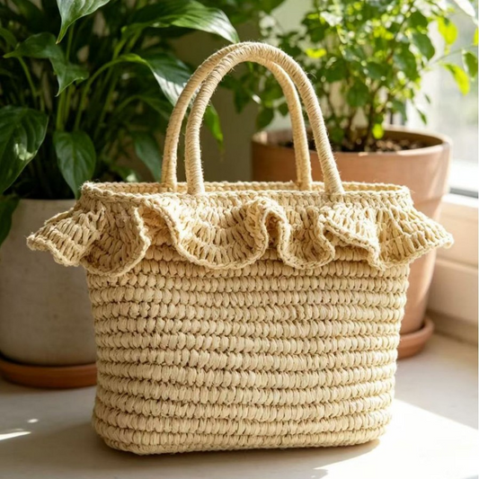 French Ruffle Straw Tote Bag – Handwoven Summer Shoulder Bag with Floral Lining & Leather Handles, A Chic & Spacious Beach Essential for Vacation & Everyday Style