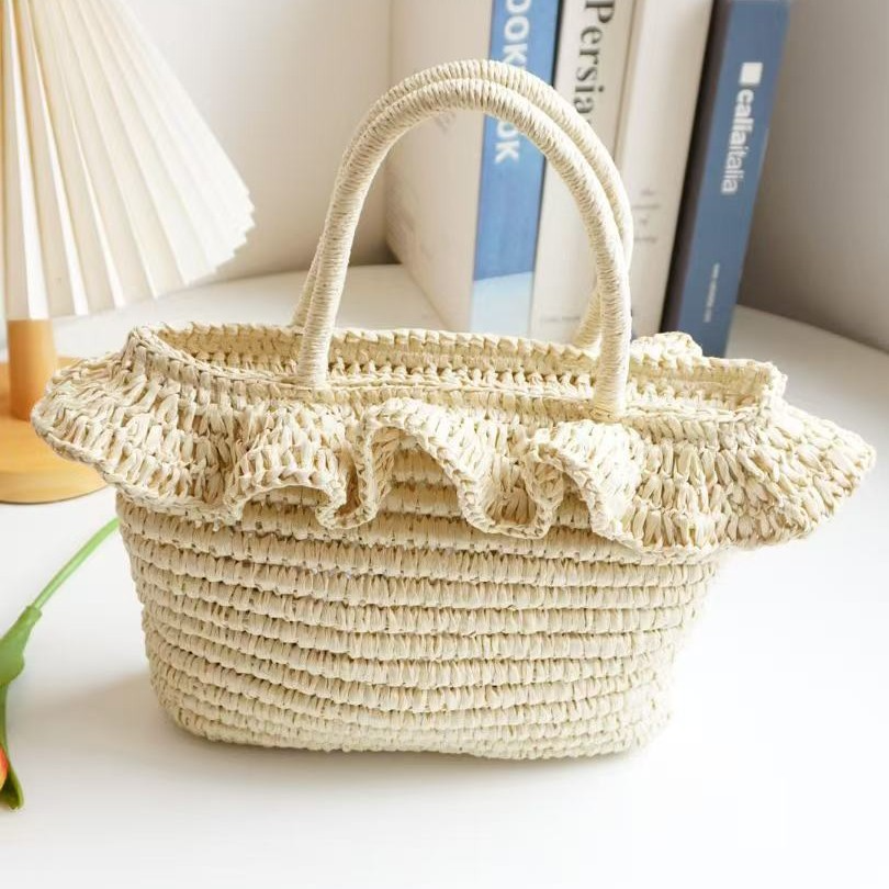 French Ruffle Straw Tote Bag – Handwoven Summer Shoulder Bag with Floral Lining & Leather Handles, A Chic & Spacious Beach Essential for Vacation & Everyday Style