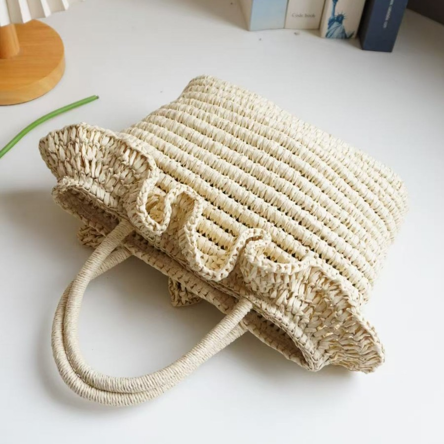 French Ruffle Straw Tote Bag – Handwoven Summer Shoulder Bag with Floral Lining & Leather Handles, A Chic & Spacious Beach Essential for Vacation & Everyday Style