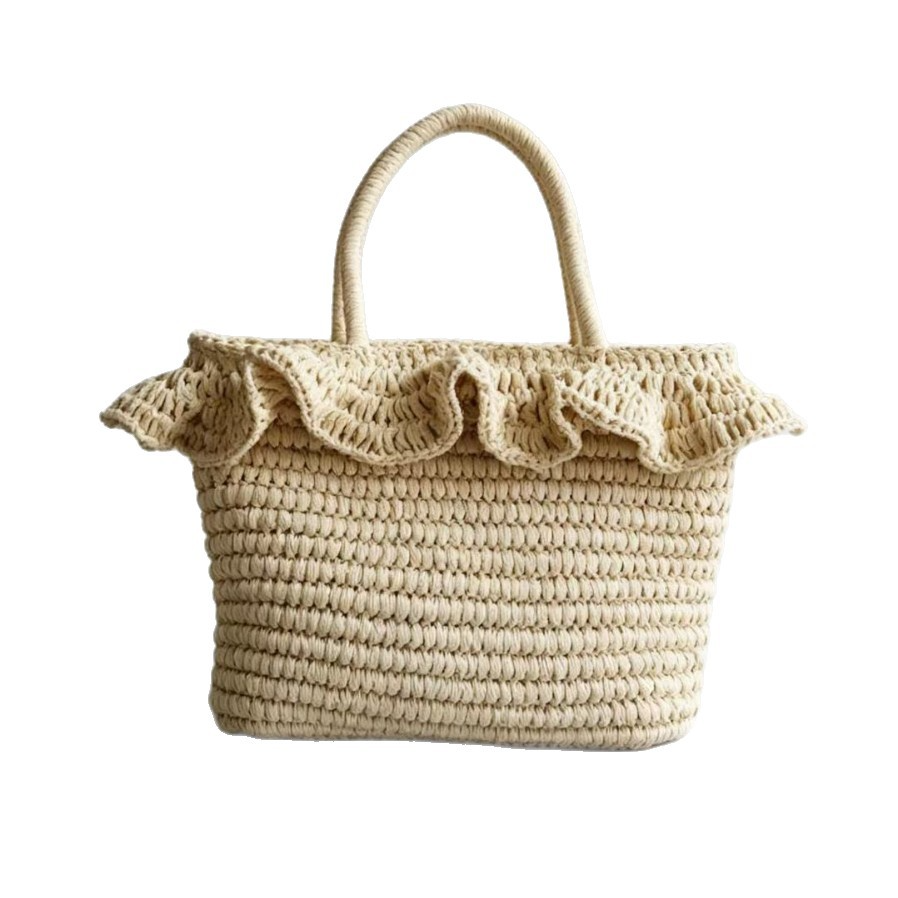 French Ruffle Straw Tote Bag – Handwoven Summer Shoulder Bag with Floral Lining & Leather Handles, A Chic & Spacious Beach Essential for Vacation & Everyday Style