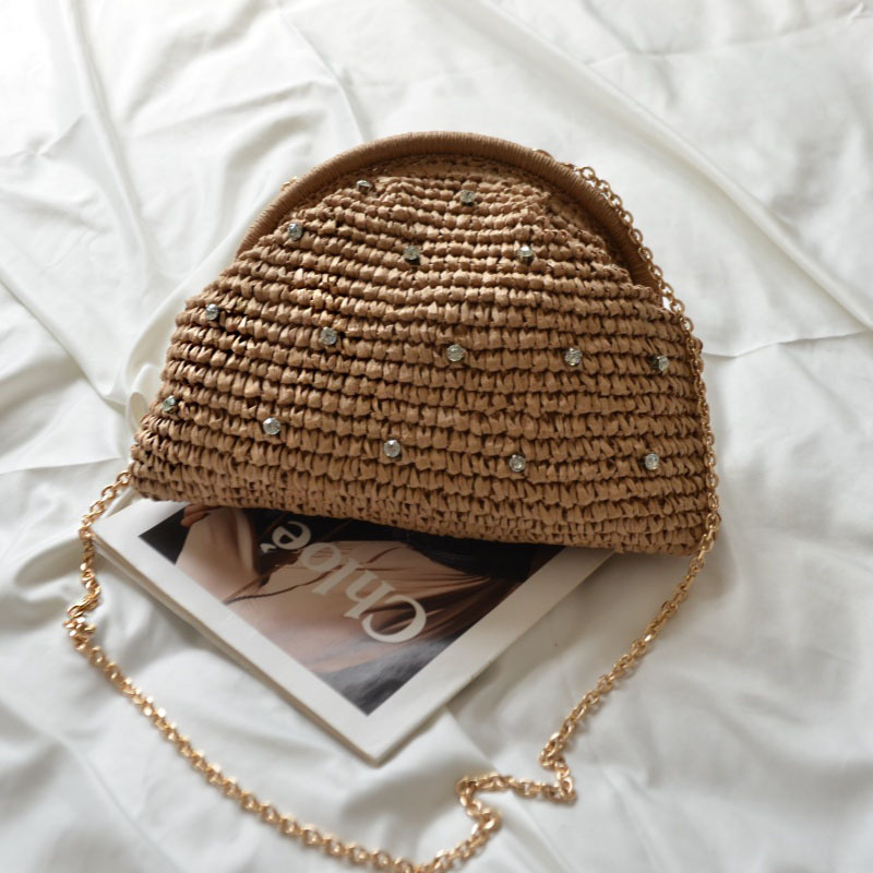 New Arrival Woven Shell Crossbody Bag – Crystal Embellished Chain Shoulder Purse with Handcrafted Texture, A Chic & Compact Summer Essential for Women