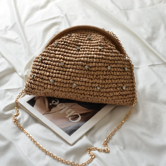New Arrival Woven Shell Crossbody Bag – Crystal Embellished Chain Shoulder Purse with Handcrafted Texture, A Chic & Compact Summer Essential for Women
