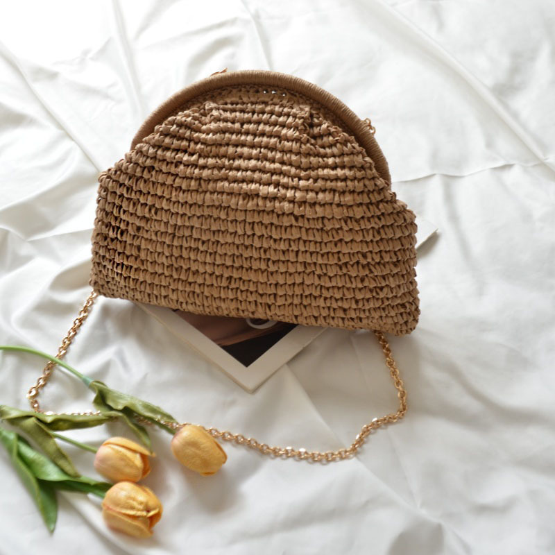 New Arrival Woven Shell Crossbody Bag – Crystal Embellished Chain Shoulder Purse with Handcrafted Texture, A Chic & Compact Summer Essential for Women