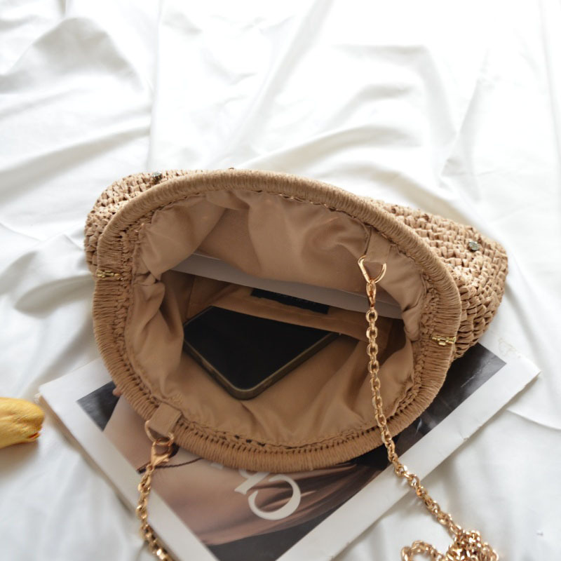 New Arrival Woven Shell Crossbody Bag – Crystal Embellished Chain Shoulder Purse with Handcrafted Texture, A Chic & Compact Summer Essential for Women