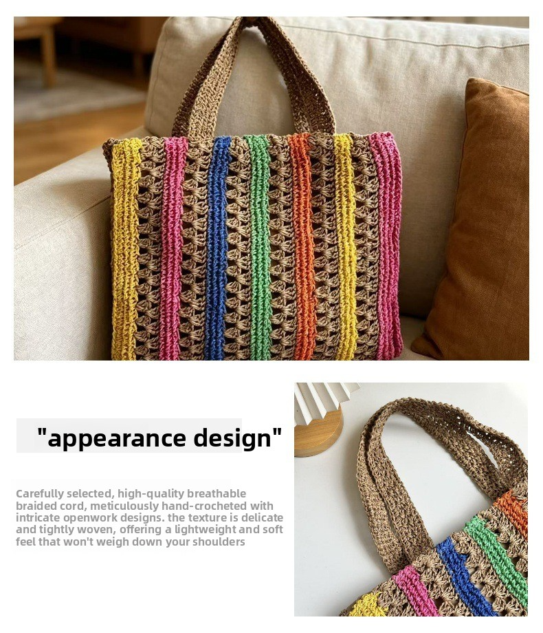 New Arrival Rainbow Striped Handwoven Straw Tote Bag – Hollow Woven Large Capacity Beach Shoulder Bag, A Vibrant Summer Essential for Vacation & Everyday Style