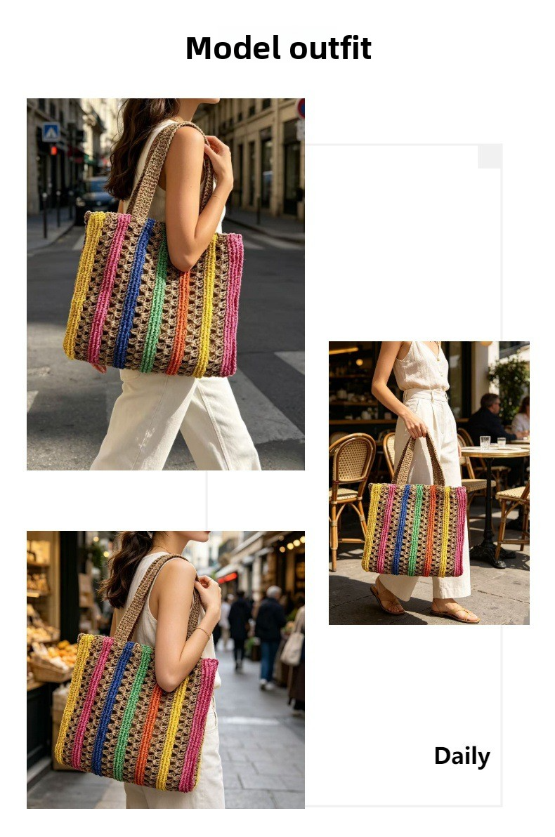 New Arrival Rainbow Striped Handwoven Straw Tote Bag – Hollow Woven Large Capacity Beach Shoulder Bag, A Vibrant Summer Essential for Vacation & Everyday Style