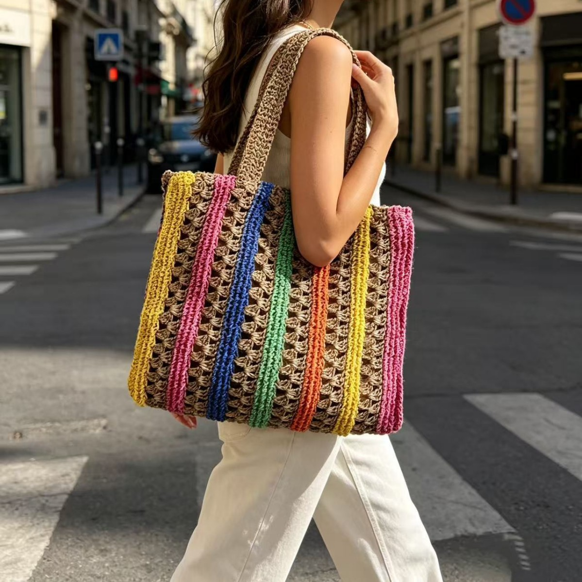 New Arrival Rainbow Striped Handwoven Straw Tote Bag – Hollow Woven Large Capacity Beach Shoulder Bag, A Vibrant Summer Essential for Vacation & Everyday Style