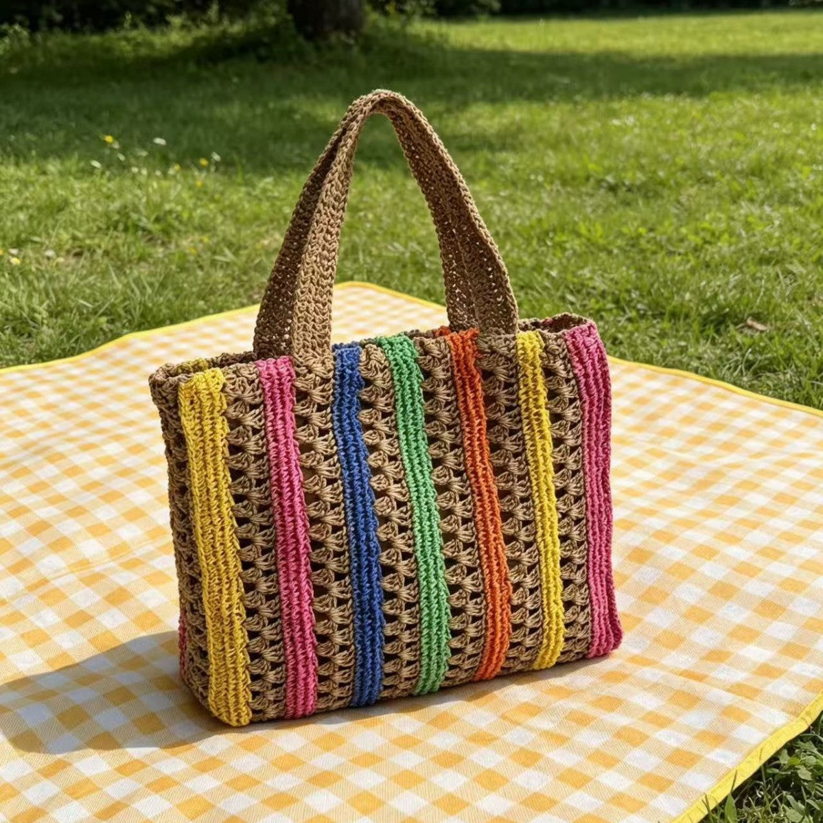 New Arrival Rainbow Striped Handwoven Straw Tote Bag – Hollow Woven Large Capacity Beach Shoulder Bag, A Vibrant Summer Essential for Vacation & Everyday Style