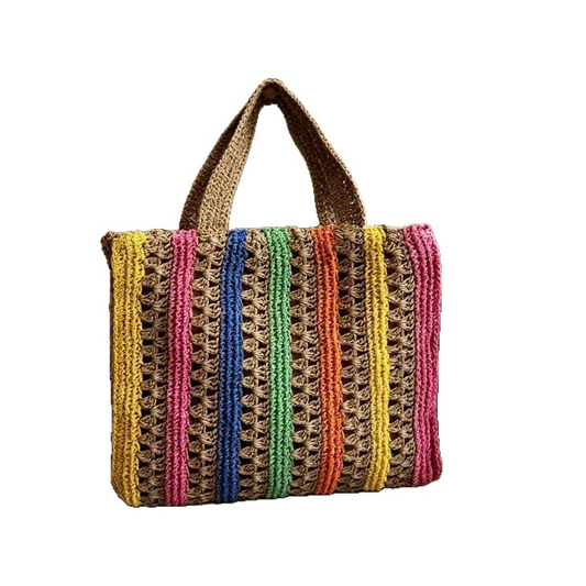 New Arrival Rainbow Striped Handwoven Straw Tote Bag – Hollow Woven Large Capacity Beach Shoulder Bag, A Vibrant Summer Essential for Vacation & Everyday Style