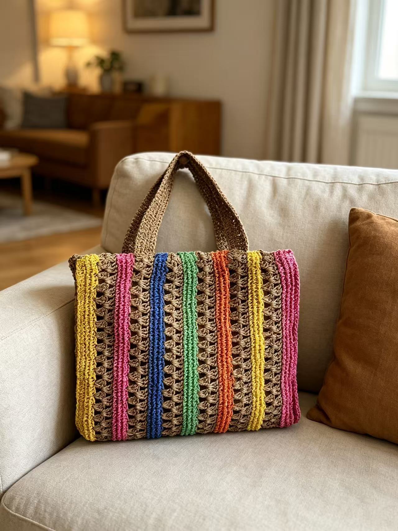 New Arrival Rainbow Striped Handwoven Straw Tote Bag – Hollow Woven Large Capacity Beach Shoulder Bag, A Vibrant Summer Essential for Vacation & Everyday Style
