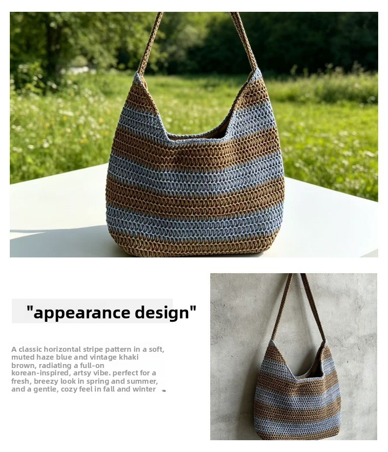 Vintage Striped Straw Slouchy Tote Bag – Large Capacity Forest Style Shoulder Bag, A Relaxed Summer Essential for Beach, Commute & Everyday Style