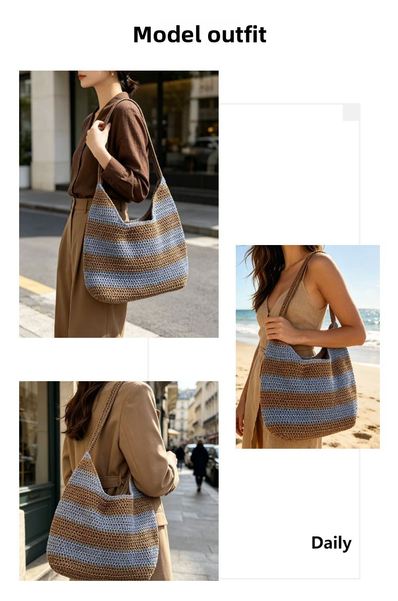 Vintage Striped Straw Slouchy Tote Bag – Large Capacity Forest Style Shoulder Bag, A Relaxed Summer Essential for Beach, Commute & Everyday Style