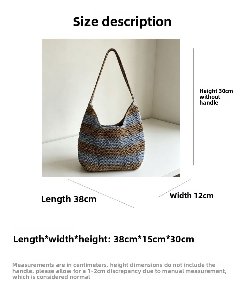 Vintage Striped Straw Slouchy Tote Bag – Large Capacity Forest Style Shoulder Bag, A Relaxed Summer Essential for Beach, Commute & Everyday Style