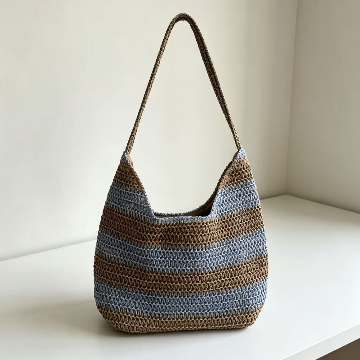 Vintage Striped Straw Slouchy Tote Bag – Large Capacity Forest Style Shoulder Bag, A Relaxed Summer Essential for Beach, Commute & Everyday Style