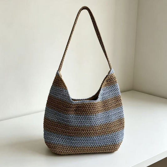 Vintage Striped Straw Slouchy Tote Bag – Large Capacity Forest Style Shoulder Bag, A Relaxed Summer Essential for Beach, Commute & Everyday Style