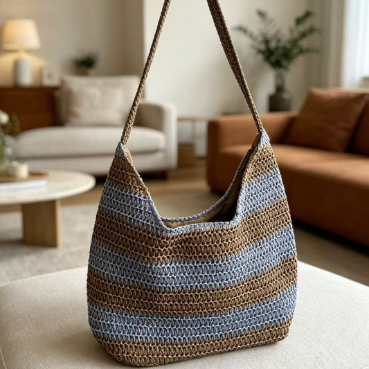 Vintage Striped Straw Slouchy Tote Bag – Large Capacity Forest Style Shoulder Bag, A Relaxed Summer Essential for Beach, Commute & Everyday Style