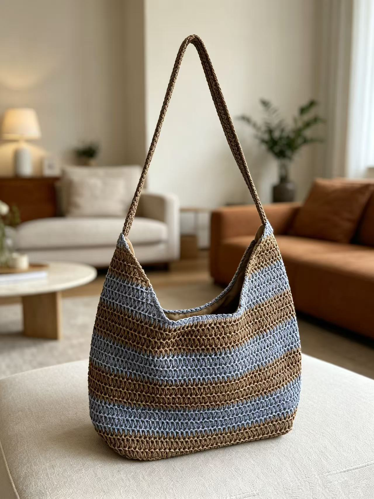 Vintage Striped Straw Slouchy Tote Bag – Large Capacity Forest Style Shoulder Bag, A Relaxed Summer Essential for Beach, Commute & Everyday Style