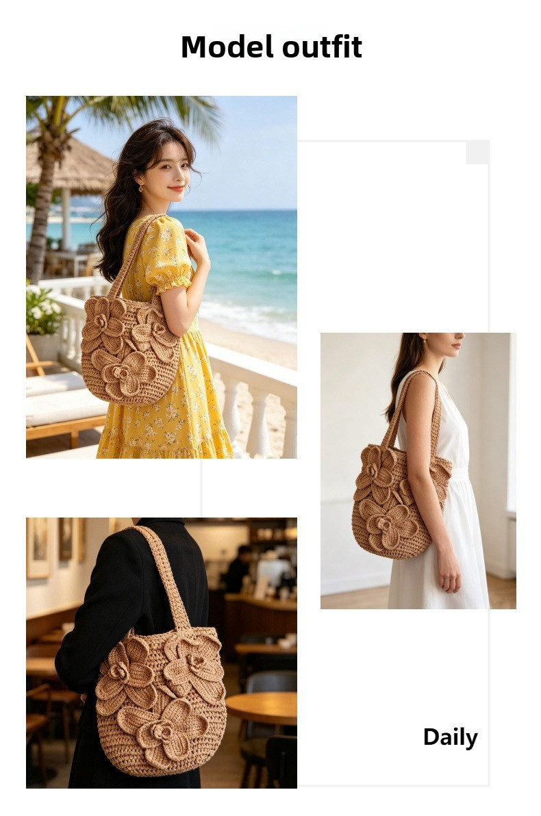 New Arrival 3D Flower Straw Tote Bag – Handwoven Hollow Shoulder Bag with Floral Embellishments, A Romantic & Spacious Summer Essential for Beach, Vacation & Everyday Style