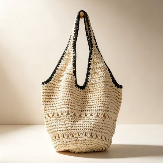 New Arrival Handwoven Paper Rope Tote Bag – Black-Trimmed Hollow Straw Shoulder Bag with Contrast Edging, A Spacious & Stylish Summer Essential for Beach, Commute & Everyday Life
