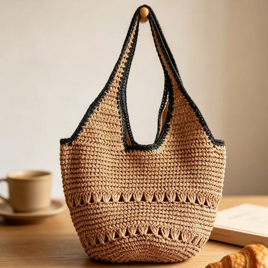 New Arrival Handwoven Paper Rope Tote Bag – Black-Trimmed Hollow Straw Shoulder Bag with Contrast Edging, A Spacious & Stylish Summer Essential for Beach, Commute & Everyday Life