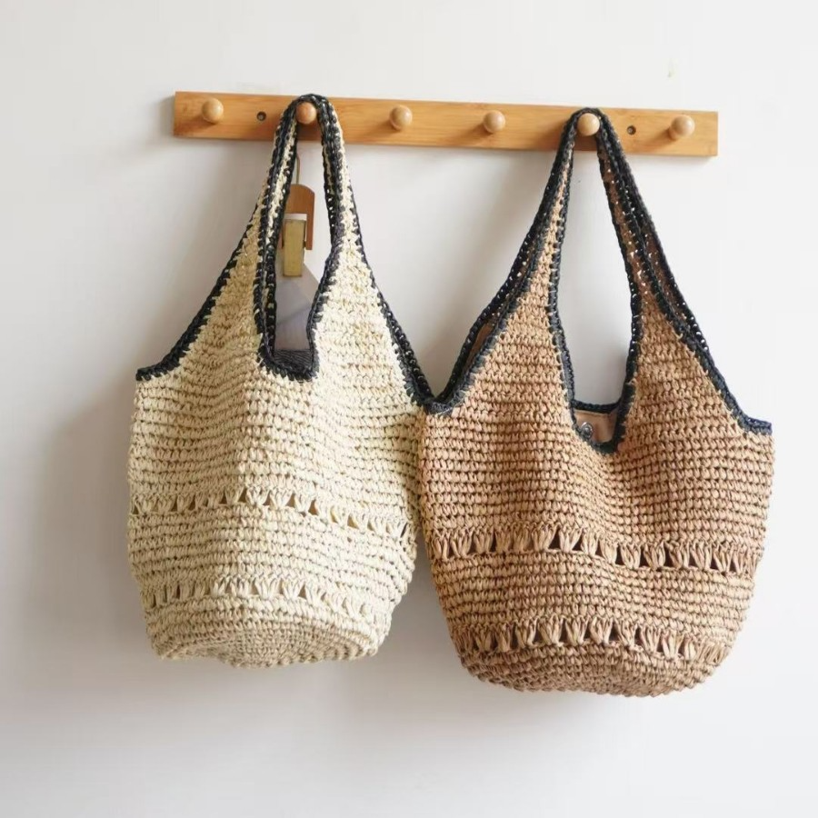 New Arrival Handwoven Paper Rope Tote Bag – Black-Trimmed Hollow Straw Shoulder Bag with Contrast Edging, A Spacious & Stylish Summer Essential for Beach, Commute & Everyday Life