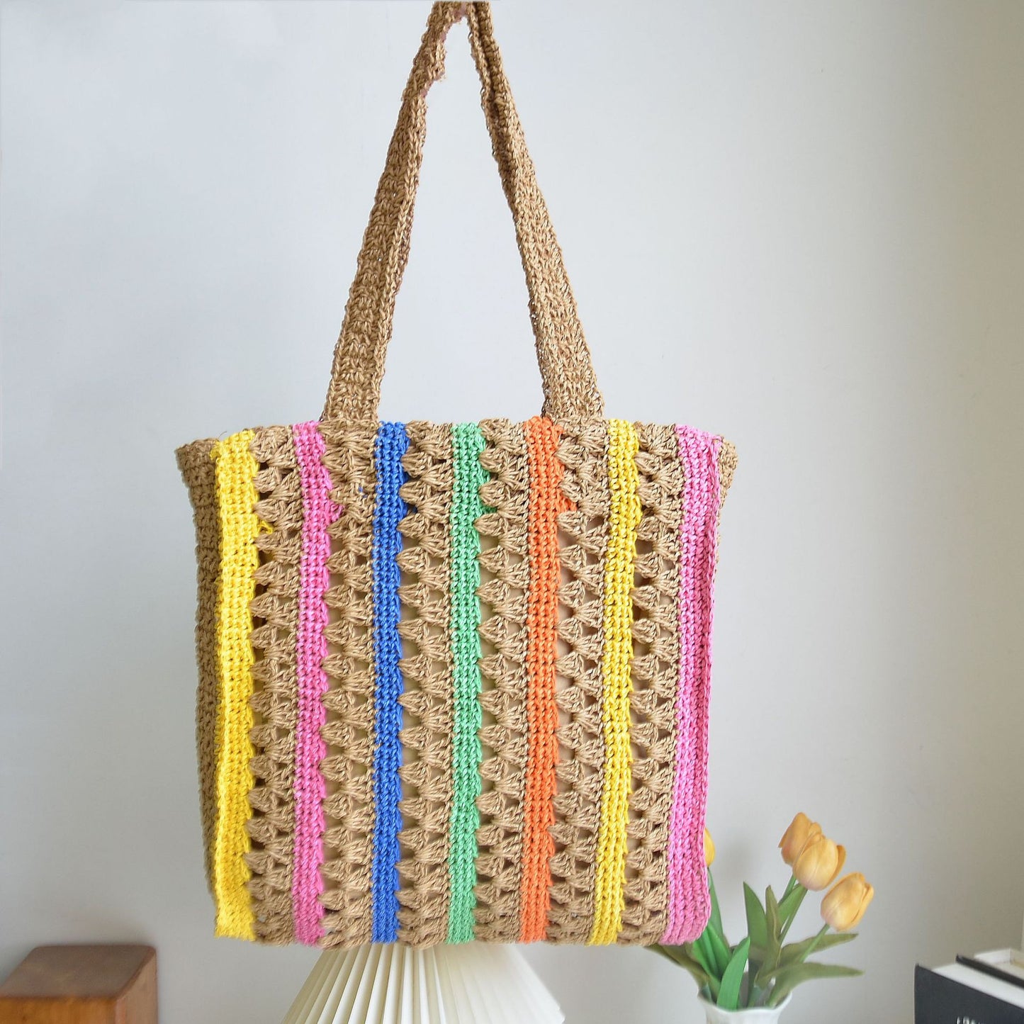 New Arrival French Style Rainbow Straw Tote Bag – Handwoven Large Capacity Underarm Shoulder Bag, A Breezy Summer Essential for Beach, Vacation & Everyday Style