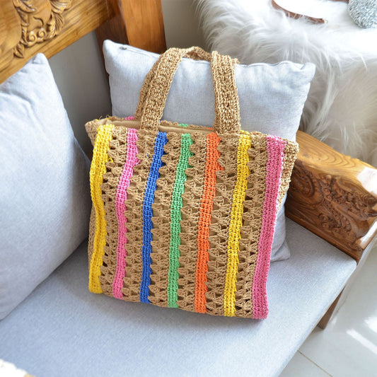 New Arrival French Style Rainbow Straw Tote Bag – Handwoven Large Capacity Underarm Shoulder Bag, A Breezy Summer Essential for Beach, Vacation & Everyday Style