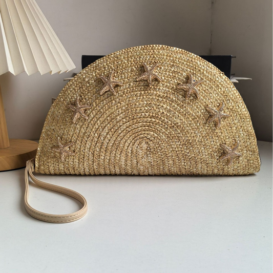 New Arrival Starfish Straw Clutch Bag – Handwoven Semi-Circle Beach Purse with Seashell Accents, A Coastal-Chic Summer Essential for Vacation & Everyday Style