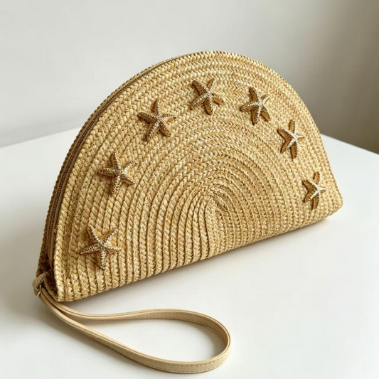New Arrival Starfish Straw Clutch Bag – Handwoven Semi-Circle Beach Purse with Seashell Accents, A Coastal-Chic Summer Essential for Vacation & Everyday Style