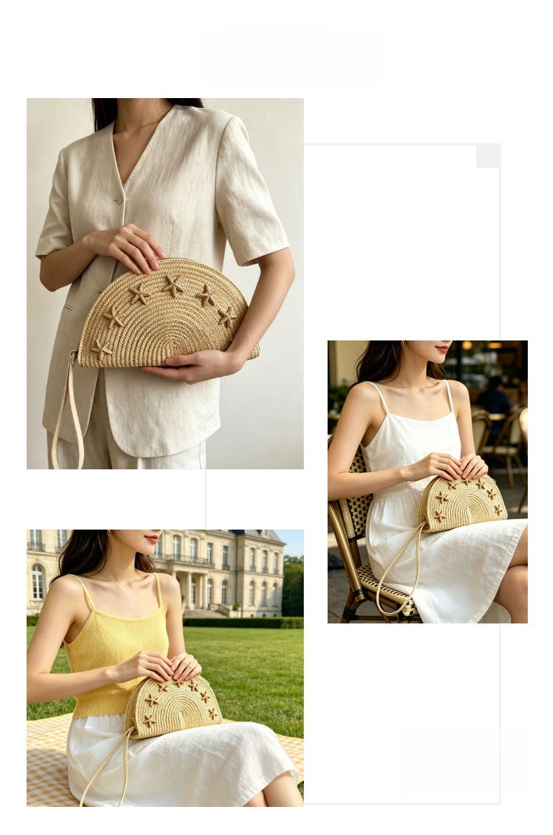 New Arrival Starfish Straw Clutch Bag – Handwoven Semi-Circle Beach Purse with Seashell Accents, A Coastal-Chic Summer Essential for Vacation & Everyday Style