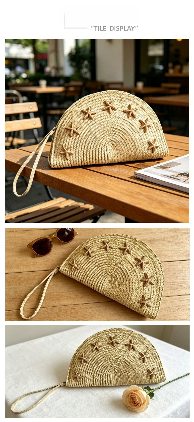 New Arrival Starfish Straw Clutch Bag – Handwoven Semi-Circle Beach Purse with Seashell Accents, A Coastal-Chic Summer Essential for Vacation & Everyday Style